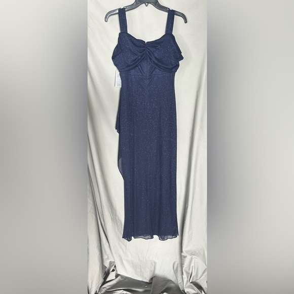 Alex Evenings Glitter Mesh Cold Shoulder Cap Sleeve Side Slit Ruched Gown - Picture 7 of 11